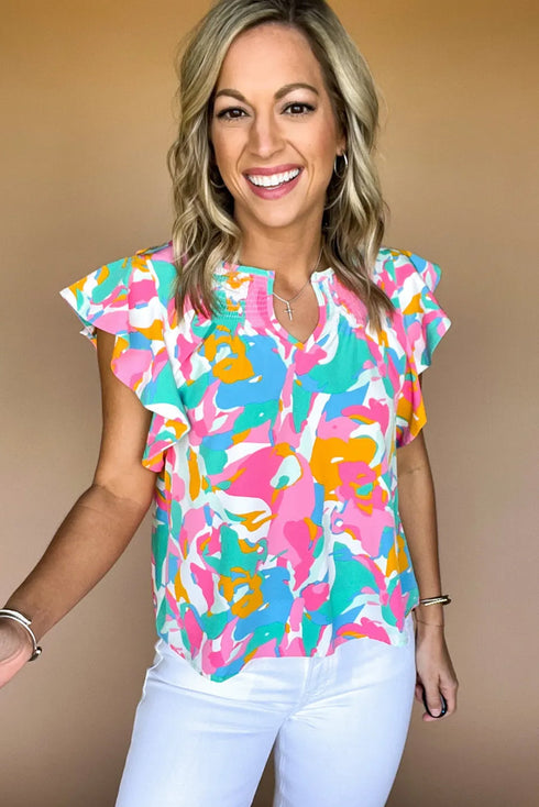 Abstract Print Notched Neck Flutter Sleeve Blouse